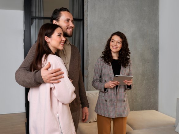 couple touring a modern apartment with a real estate agent.