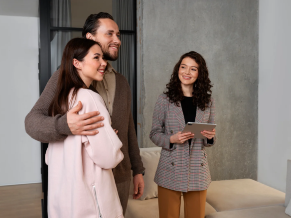 couple touring a modern apartment with a real estate agent.